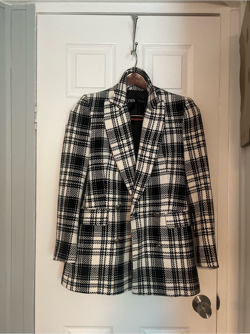 Zara Black & White Plaid Structured Blazer
